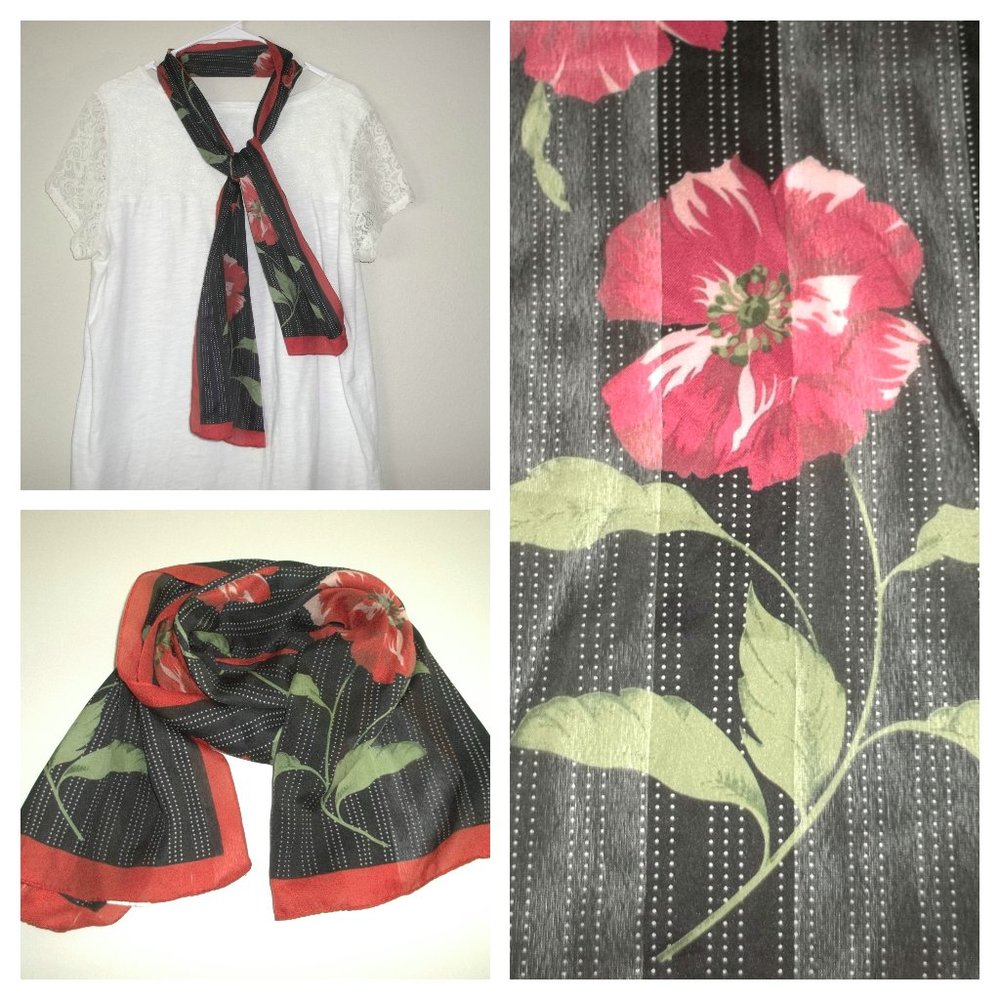 Scarf Red Black Flower Floral Poppy Long Thin Lightweight Fashion Accessory S8
